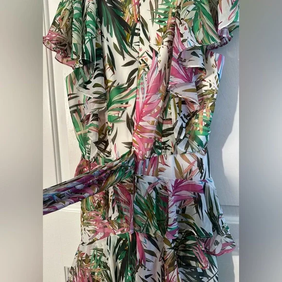 BADGLEY MISHKA 8 EASTER Resort Wedding Coastal Palm Ruffle Pink Green Maxi Dress - Picture 12 of 16